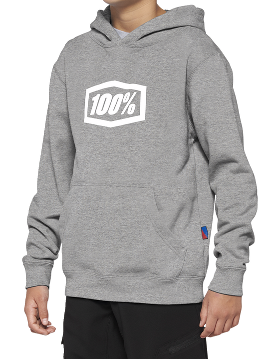 Gray 100% Youth Icon Hoodie by Bill's Exhausts in large size, featuring a comfortable fit and hooded style.