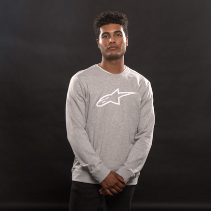 Alpinestars Ageless Crew Fleece hoodie in Heather Gray and White, medium size, featuring a comfortable fleece fabric and stylish design.