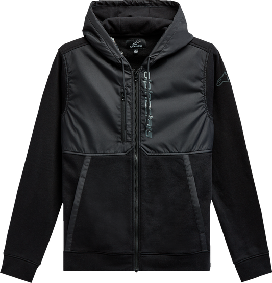 Black Alpinestars Aligned Zip Hoodie, large size, with front zipper and logo, casual hoodie for streetwear style.