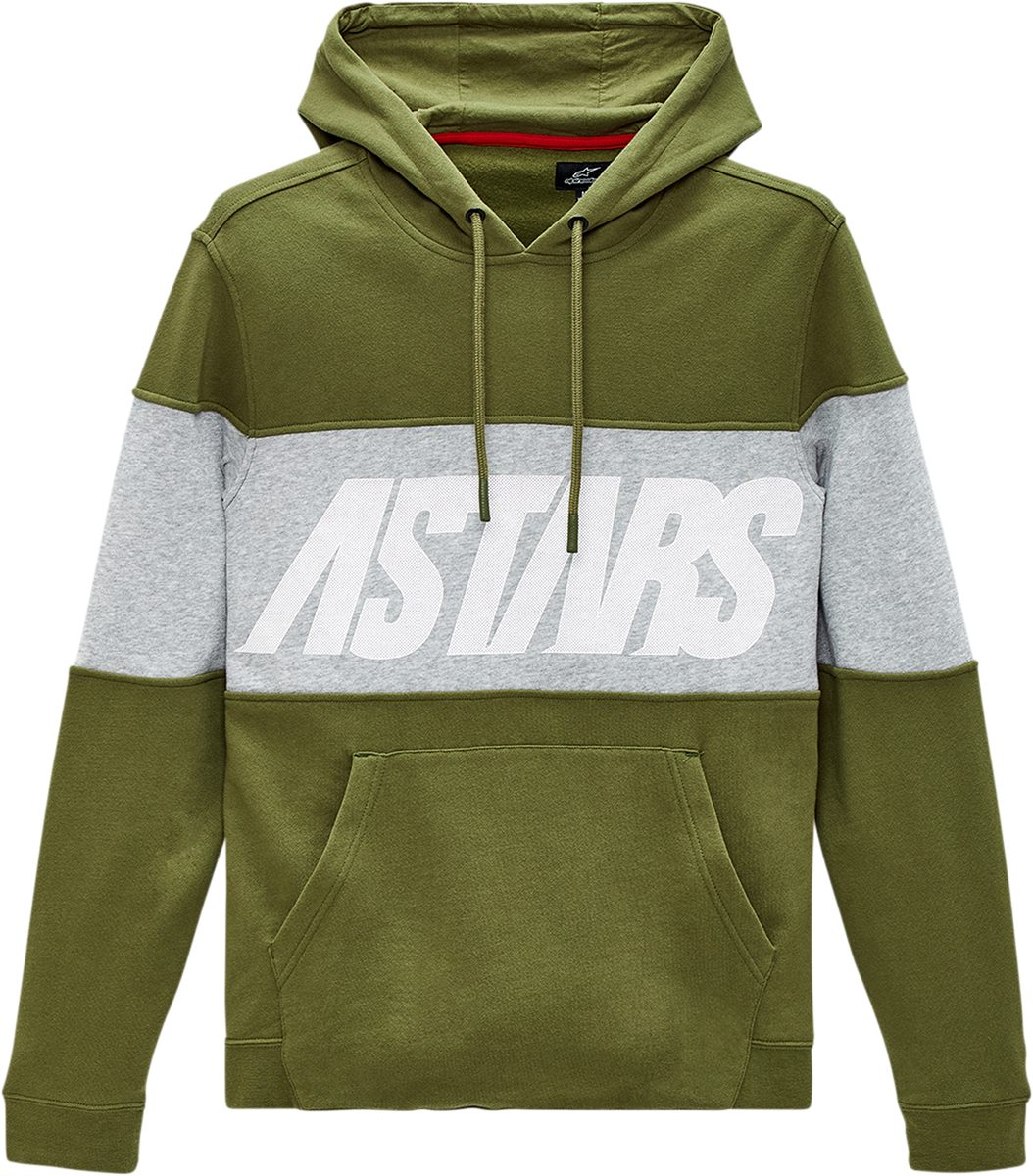 Alpinestars Border Hoodie in olive color, XL size, featuring a casual fit with hood, front pockets, and brand logo.