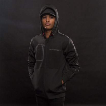 Black Alpinestars Convex Tech Hoodie in medium size, featuring a modern design with a front pocket and hood, displayed on a plain background.