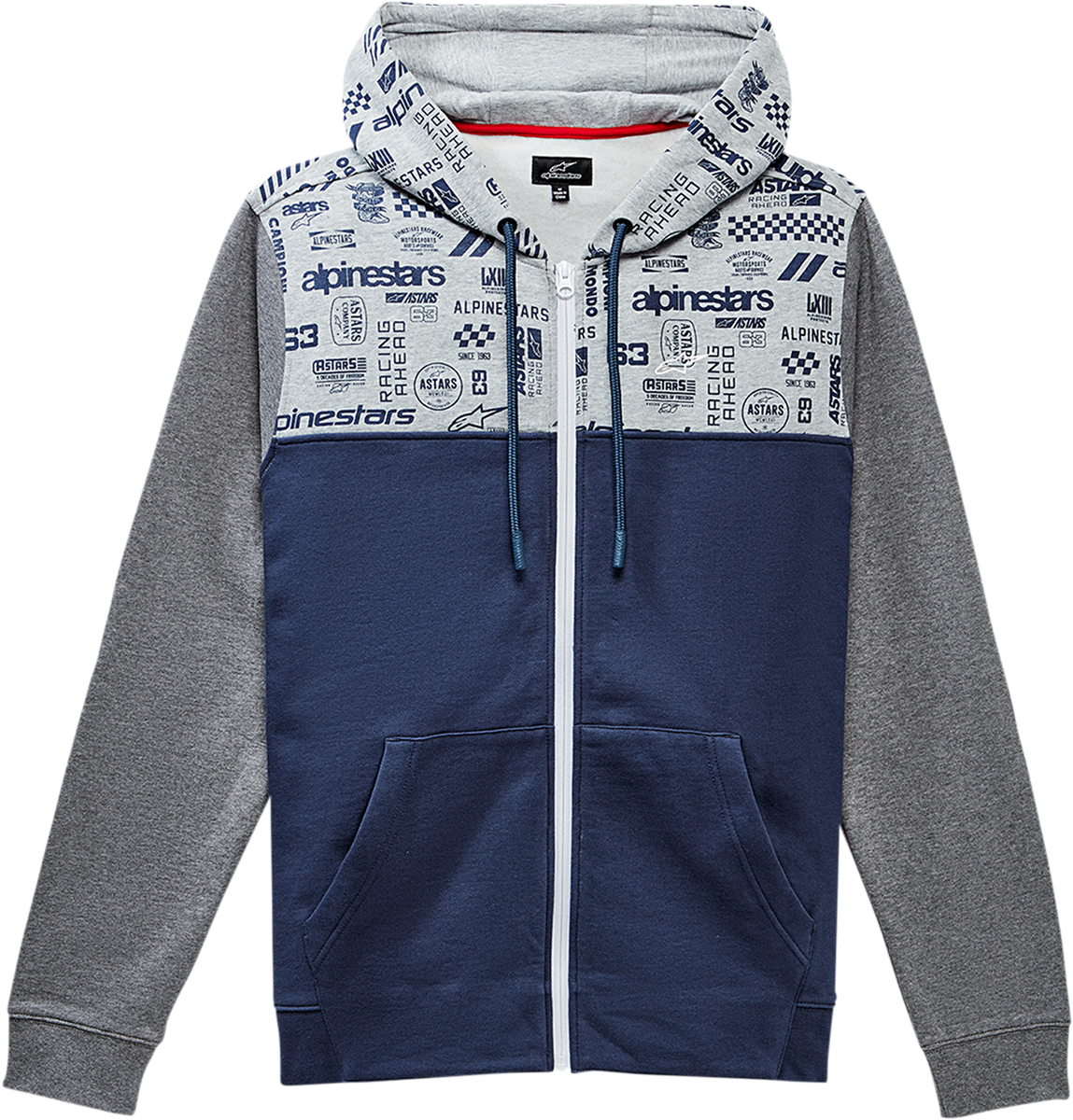 Navy Alpinstars Perpetuity Hoodie in large size, featuring a front logo and comfortable fabric, worn by a model.