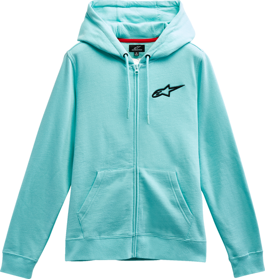 Alpinestars Women's Ageless Zip Hoodie in Light Aqua and Black, XL, featuring a front zipper and casual hoodie design.