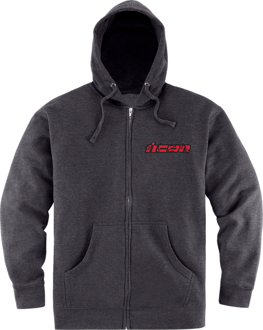 Black ICON Omnicrux Zip Fleece Hoodie by Bill's Exhausts, large size, shown with front zipper and hoodie design.