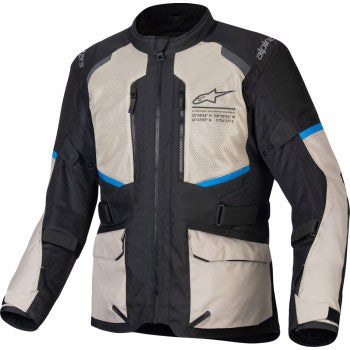 Alpinestars Andes Air Drystar jacket in black, Laurel gray, and bright blue, medium size, displayed on a hanger.