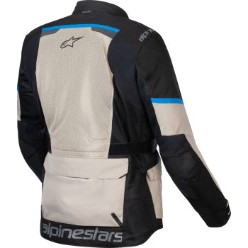 Alpinestars Andes Air Drystar jacket in black, laurel gray, and bright blue, displayed in a medium size.