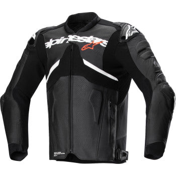 Alpinestars Atem V5 leather motorcycle jacket in black and white, US 44 / EU 54, featuring protective armor details.