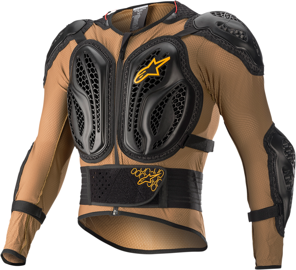 Alpinestars Bionic Action Jacket in camel and black, medium size, displayed on a hanger, showcasing durable motorcycle jacket features.