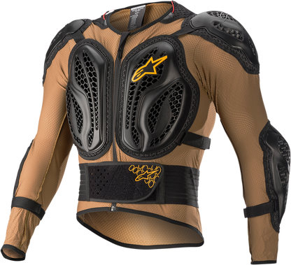Alpinestars Bionic Action Jacket in camel and black, medium size, displayed on a hanger, showcasing durable motorcycle jacket features.