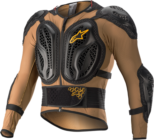 Alpinestars Bionic Action Jacket in camel and black, medium size, displayed on a hanger, showcasing durable motorcycle jacket features.