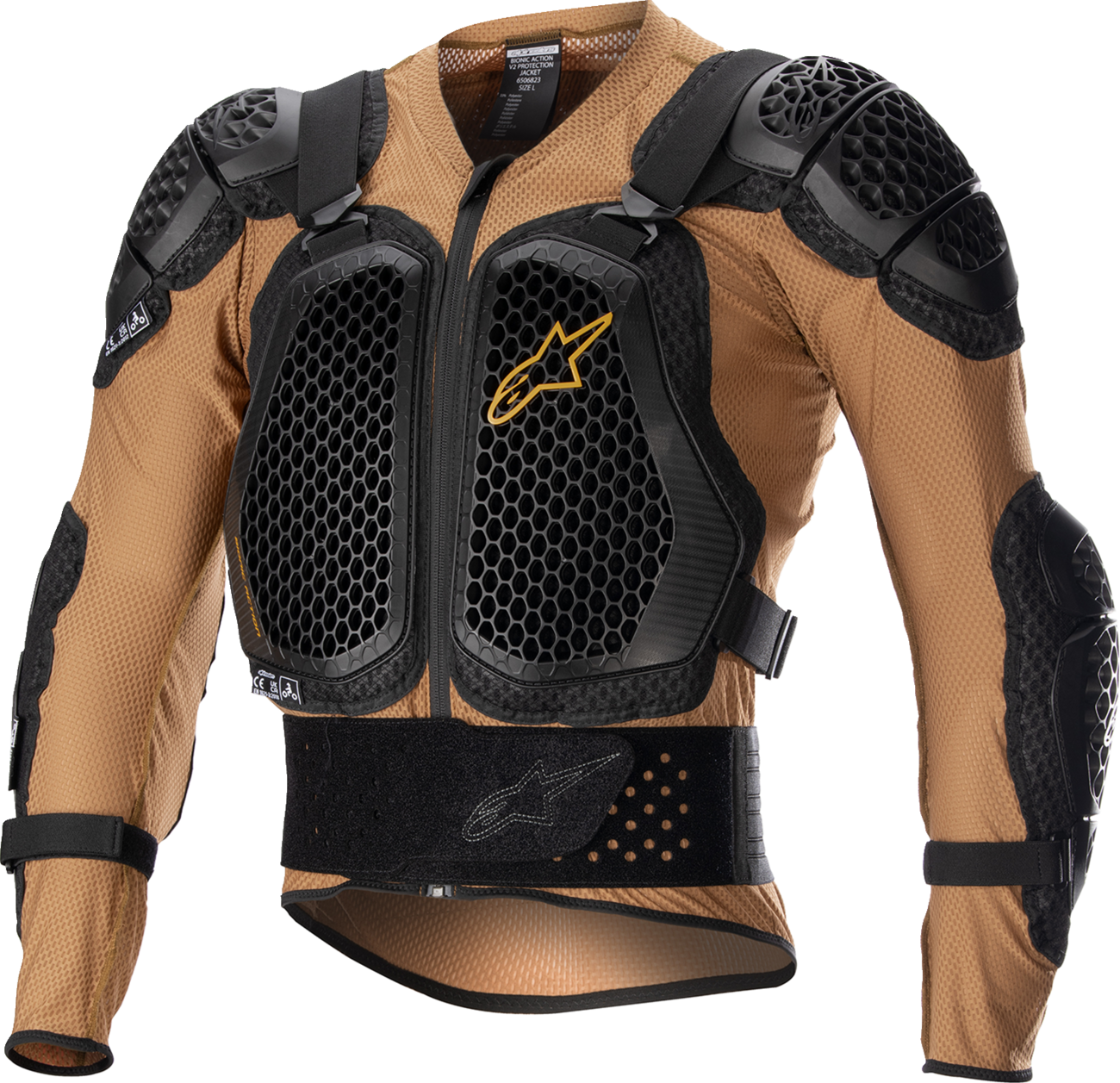 Alpinestars Bionic Action V2 protection jacket in camel and black, medium size, featuring armored panels and a sleek jacket design.