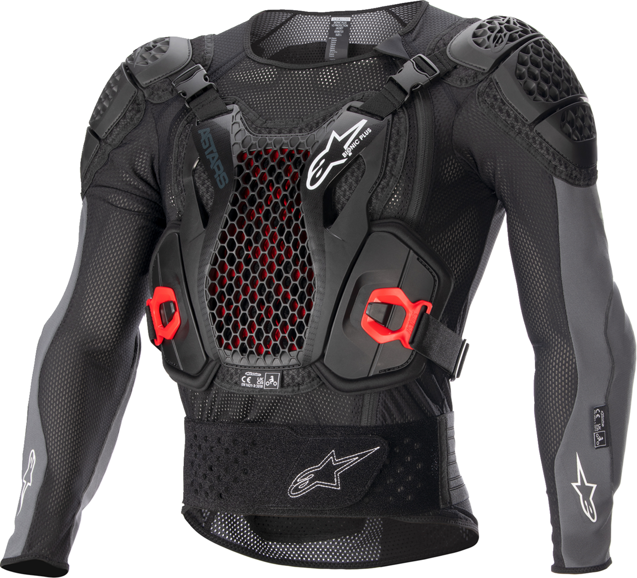 Alpinestars Bionic Plus v2 protection jacket in black, anthracite, and red, size 2XL, with visible armored panels and adjustable straps.