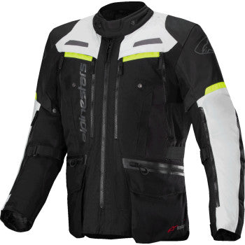 Alpinestars Bogota Pro Drystar jacket in dark black, ice gray, and yellow fluo, size 4XL, motorcycle protective jacket.