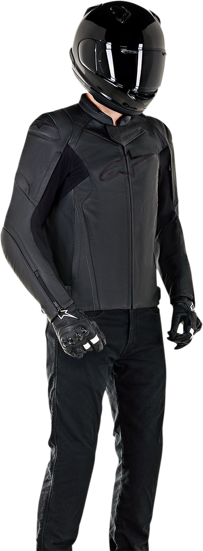 Alpinestars Faster v2 leather motorcycle jacket in black with US size 50, EU 60, featuring a sleek, fitted design and protective details.
