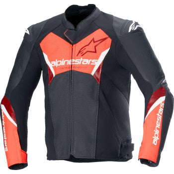Alpinestars Faster v3 Airflow Leather Jacket in black and red fluo, US 42 / EU 52, shown from the front with detailed design.
