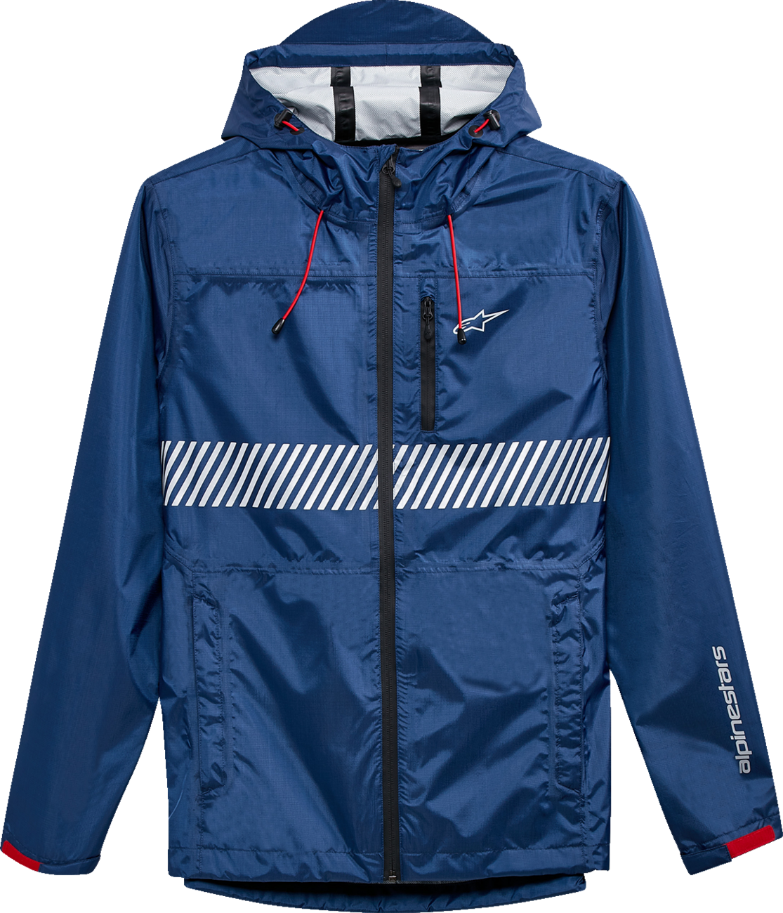 Alpinestars Fusion Rain Jacket in navy, 2XL, displayed on a hanger, showcasing waterproof jacket design and branding details.