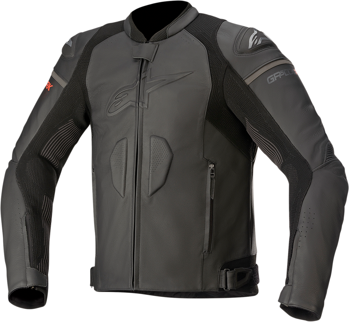 Alpinestars GP Plus R V3 Rideknit leather motorcycle jacket in black, displayed on a mannequin, size US 48 / EU 58.