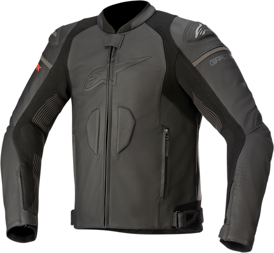 Alpinestars GP Plus R V3 Rideknit leather motorcycle jacket in black, displayed on a mannequin, size US 48 / EU 58.