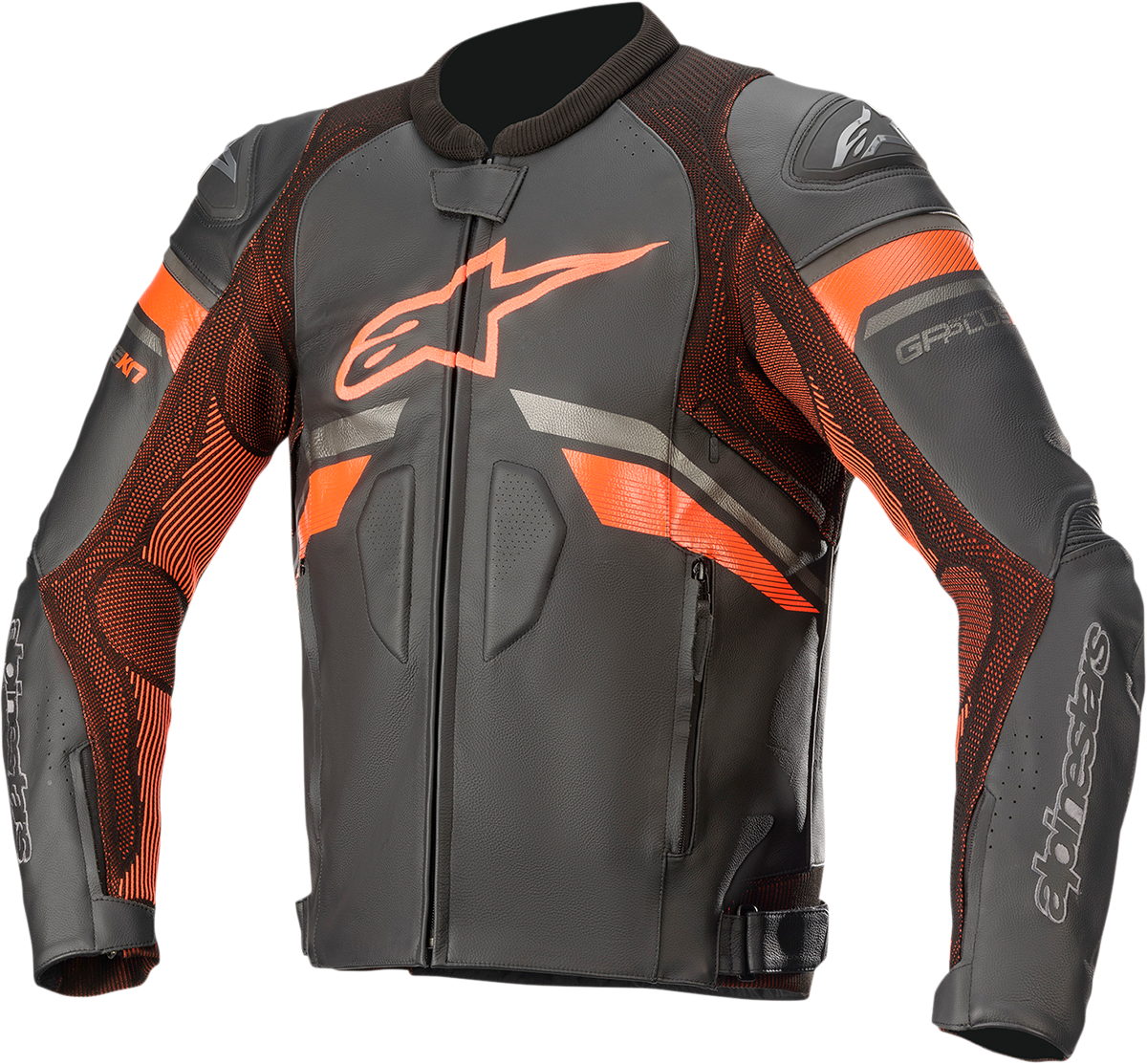 Alpinestars GP Plus R v3 Rideknit leather motorcycle jacket in black and red fluo, size US 46, EU 56, with protective design.