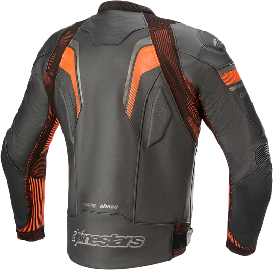 Alpinestars GP Plus R V3 Rideknit leather motorcycle jacket in black and red fluo, US size 46, EU 56, displayed on a hanger.