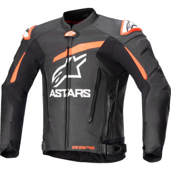 Alpinestars GP Plus R v4 leather motorcycle jacket in black, red fluo, and white, with armored detailing and sporty fit.