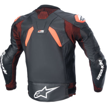 Alpinestars GP Plus R v4 Rideknit leather motorcycle jacket in black, red Fluo, and white with protective armor details.