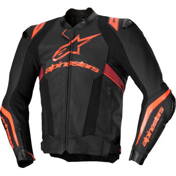 Alpinestars Missile v3 Ignition Leather Jacket in black, red fluo, and dark red with protective armor, US size 42.