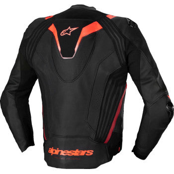 Alpinestars Missile v3 Ignition Leather Jacket in black, red fluo, and dark red, featuring protective armor and stylish design.