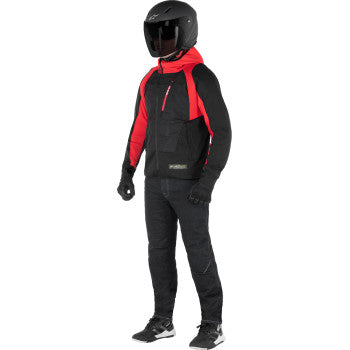 Black and red Alpinestars MSE Hybrid Hooded Jacket in small size, featuring adjustable hood and front zipper pockets.