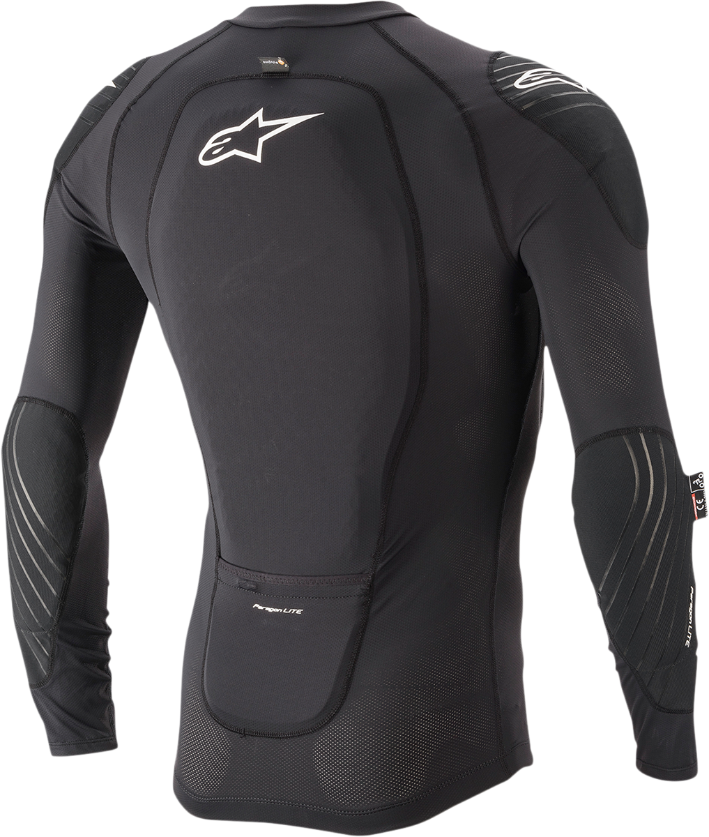 Alpinestars Paragon Lite black protection long-sleeve jacket worn by a model, size small, featuring lightweight construction and protective panels.