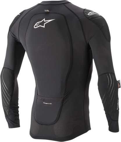 Alpinestars Paragon Lite black protection long-sleeve jacket worn by a model, size small, featuring lightweight construction and protective panels.