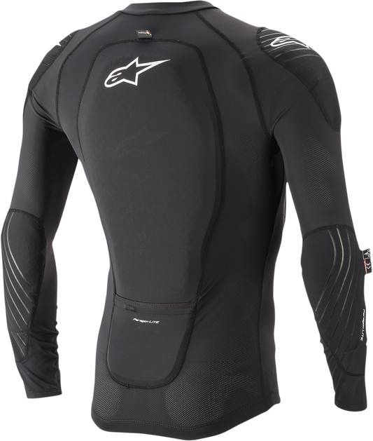 Alpinestars Paragon Lite black protection long-sleeve jacket worn by a model, size small, featuring lightweight construction and protective panels.