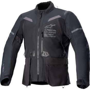 Alpinestars ST7 2L GTX motorcycle jacket in black and gray, 2XL size, with visible zippers and waterproof fabric.