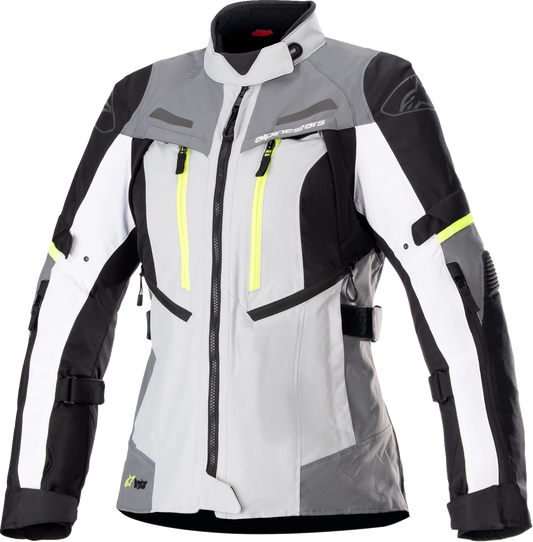 Alpinestars Stella Bogota Drystar jacket in gray and white, small size, with visible front zipper and collar details.