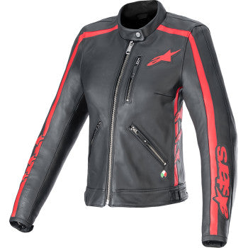 Alpinestars Stella Dyno Leather Jacket in black and haute red, XL size, shown on a hanger with detailed leather and design features.