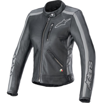 Alpinestars Stella Dyno Leather Jacket in black tar gray and dark gray, size XL, featuring sleek design and durable leather construction.