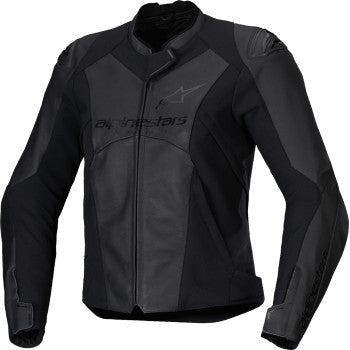Alpinestars Stella Faster v3 black leather motorcycle jacket, US 14 / EU 50, displayed on a hanger.