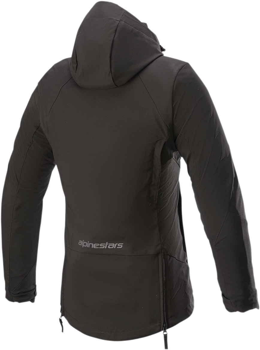 Black Alpinestars Stella Moony Drystar® jacket in medium size, shown on a hanger with visible zipper and stylish design details.