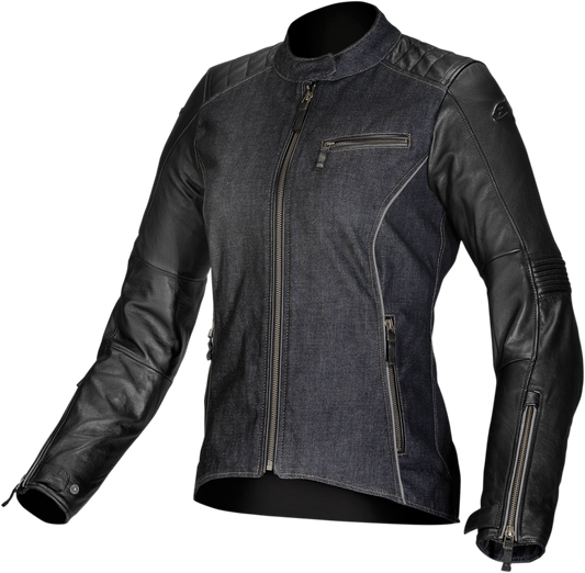 Black Alpinestars Stella Renee leather jacket for women in US size 2, EU 38, displayed on a plain background.
