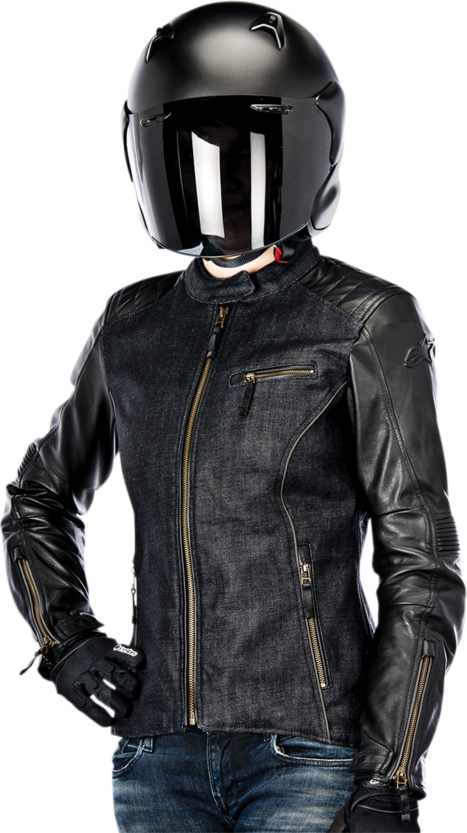 Black Alpinestars Stella Renee leather jacket for women, US size 2, EU size 38, shown on a hanger with smooth leather finish.