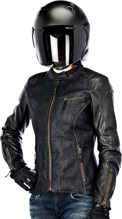 Black Alpinestars Stella Renee leather jacket for women, US size 2, EU size 38, shown on a hanger with smooth leather finish.