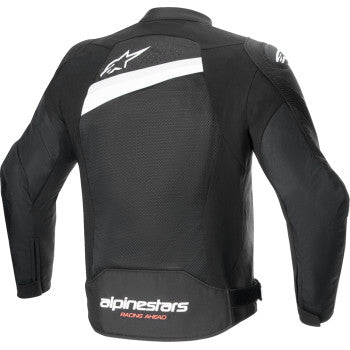 Alpinestars T-GP Plus R V4 Airflow motorcycle jacket in black and white, medium size, featuring protective armor and ventilation.