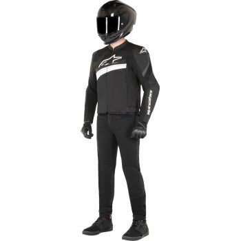Alpinestars T-GP Plus R V4 Airflow motorcycle jacket in black and white, medium size, with protective padding and ventilation panels.