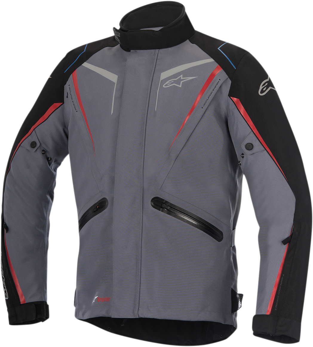 Alpinestars Yokohama Drystar® motorcycle jacket in gray, black, and red, medium size, featuring protective armor and waterproof fabric.