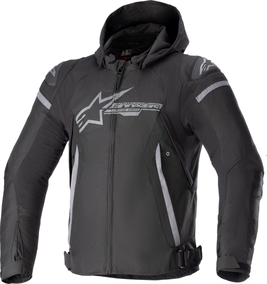 Alpinestars Zaca waterproof jacket in black and gray, 4XL, showcasing durable material and sleek design for outdoor protection.