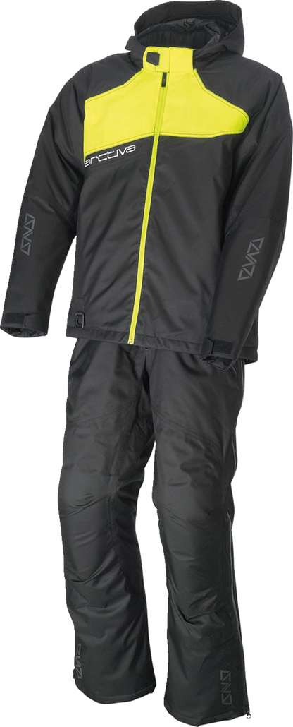 Bill's Exhausts ARCTIVA Pivot 5 hooded jacket in black and hi-vis, small size, with a lightweight waterproof design.