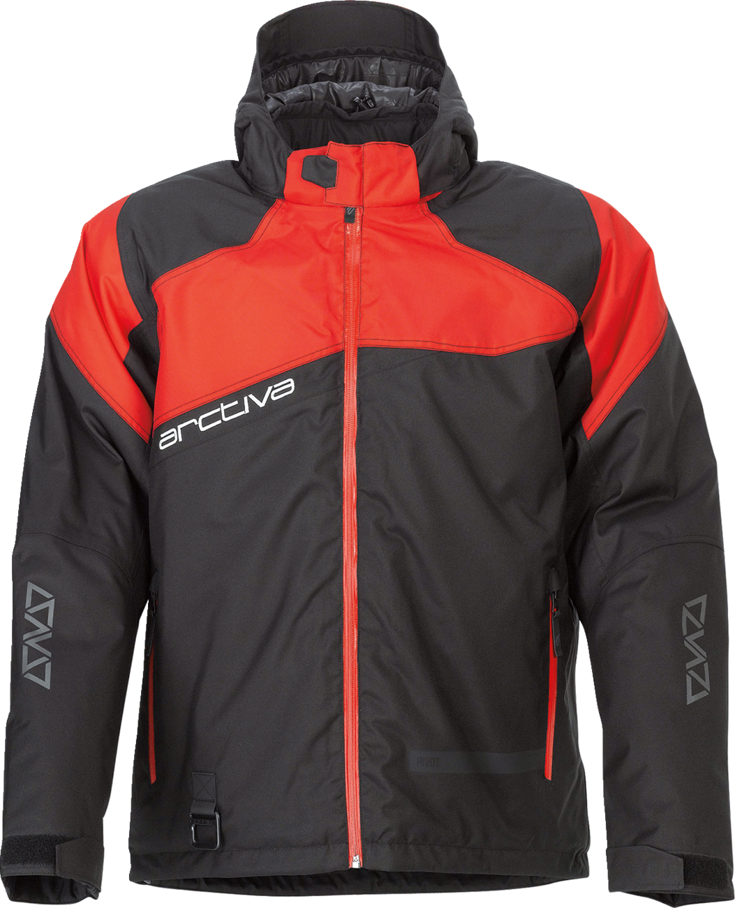 Bill's Exhausts ARCTIVA Pivot 5 hooded jacket in black and red, small size, showcasing front view with hood and zipper details.