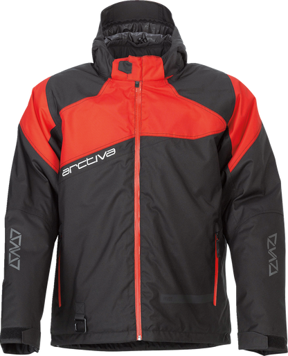 Bill's Exhausts ARCTIVA Pivot 5 hooded jacket in black and red, small size, showcasing front view with hood and zipper details.