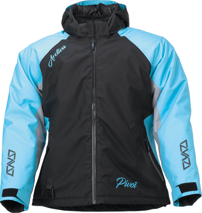 Black ARCTIVA Women's Pivot 5 Hooded Jacket, medium size, shown on a hanger with a full front view.