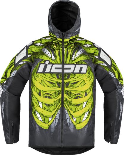 Green ICON Airform Manik'r™ Jacket in large size, displayed on a hanger, showcasing the lightweight, stylish design by Bill's Exhausts.
